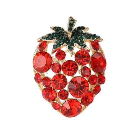 Strawberry Crystal Rhinestone Brooch Pin Gold Tone - Picture 1 of 2